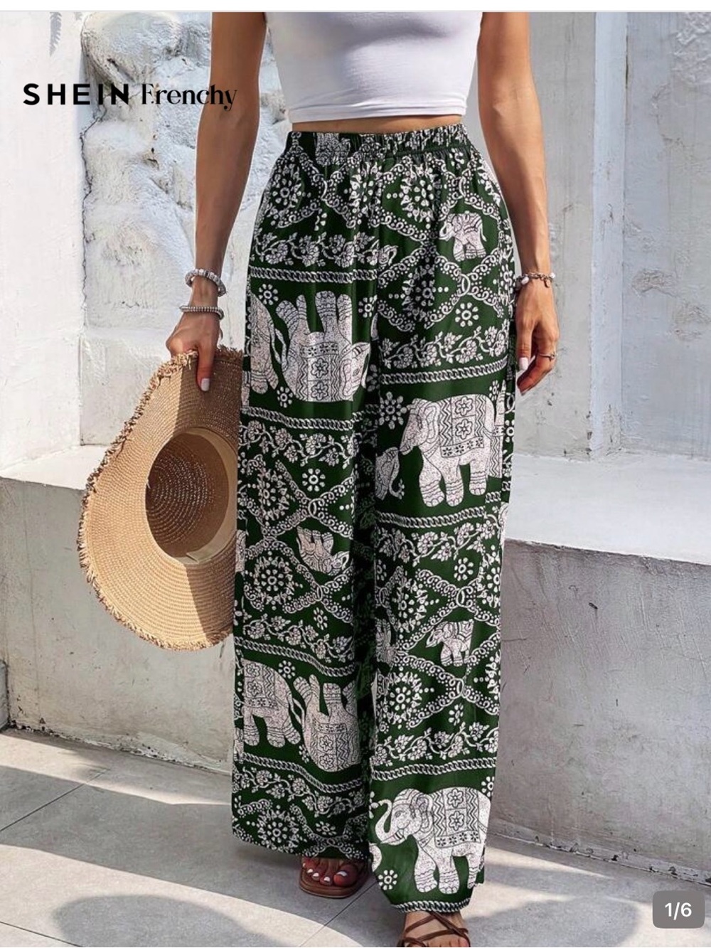SHEIN Frenchy Green Elephant Print Wide Leg Pants Boho Resort